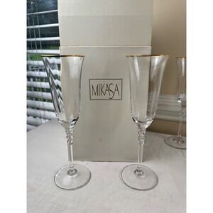 Vintage Mikasa Sonata Wedding Champagne Flutes 80s Set 4 Gold Rim Crystal Toast
